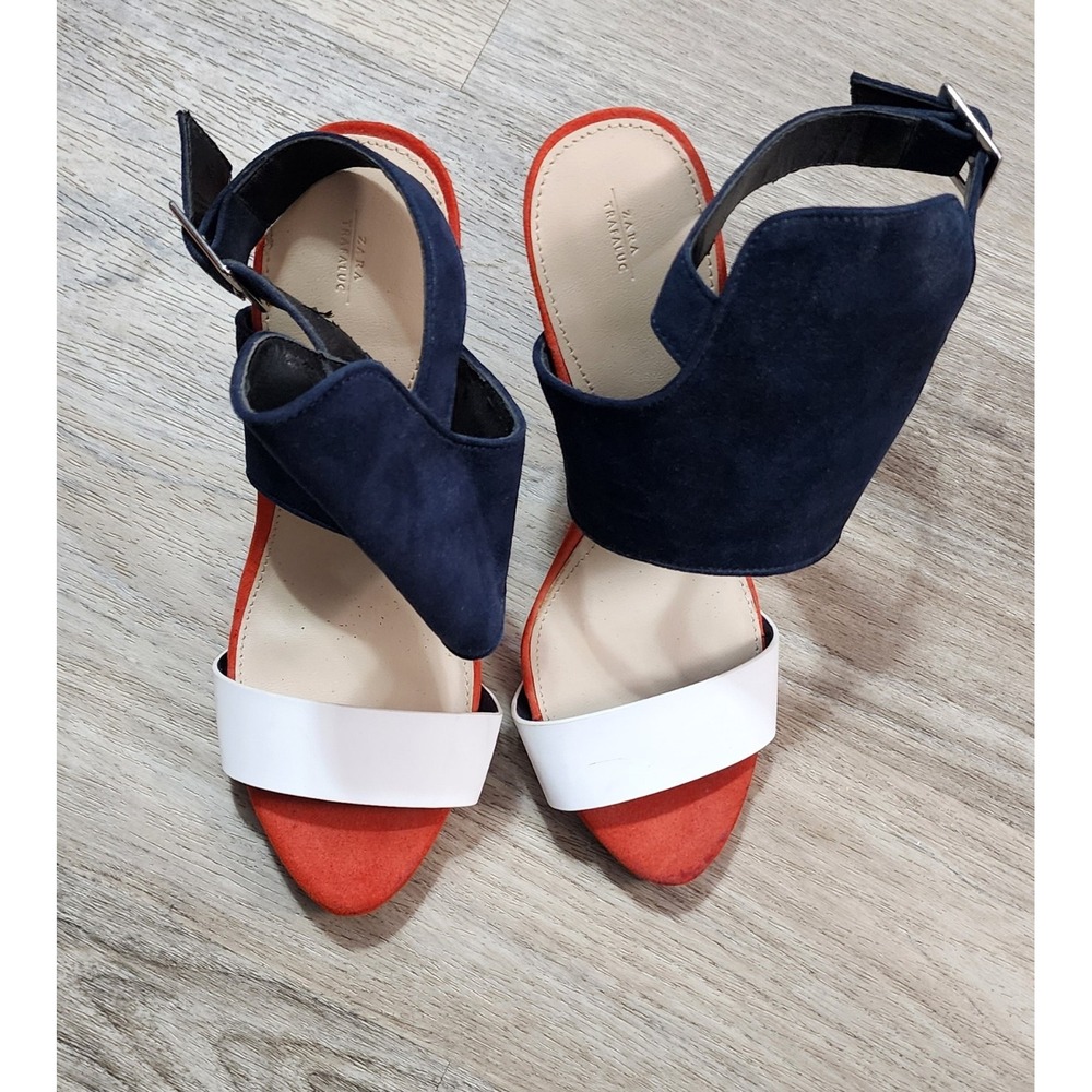 ZARA Women's Navy Orange Suede Colorblock Sandals Size 7.5 US 38 EU